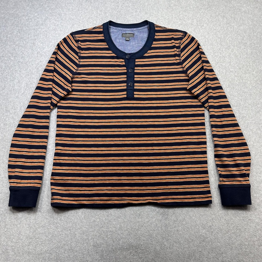LL Bean Signature Henley Shirt Mens Large Blue Striped Slim Fit Long Sleeve Tee